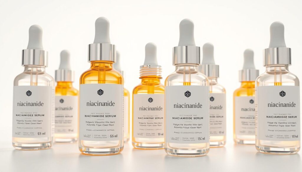 A close-up shot of several glass bottles filled with a clear, glossy niacinamide serum. The bottles are arranged on a simple, minimalist white background, allowing the serums to be the focal point. The lighting is soft and diffused, creating a clean, modern aesthetic. The serum bottles have simple, elegant labels with the product name and ingredient list. The overall mood is one of purity, efficacy, and a focus on the key skincare ingredient - niacinamide. The scene conveys the concept of targeted, high-quality facial serums designed to address specific skin concerns like oil control and pore refinement. A close-up shot of several glass bottles filled with a clear, glossy niacinamide serum. The bottles are arranged on a simple, minimalist white background, allowing the serums to be the focal point. The lighting is soft and diffused, creating a clean, modern aesthetic. The serum bottles have simple, elegant labels with the product name and ingredient list. The overall mood is one of purity, efficacy, and a focus on the key skincare ingredient - niacinamide. The scene conveys the concept of targeted, high-quality facial serums designed to address specific skin concerns like oil control and pore refinement.