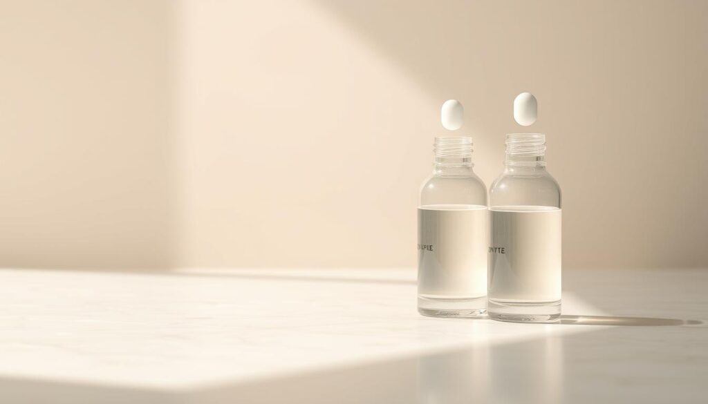A serene, minimalist still life capturing the essence of hyaluronic acid serums. In the foreground, delicate glass bottles filled with a clear, viscous liquid reflect the soft natural light. The middle ground features a smooth, matte surface, perhaps a marble countertop or wooden tabletop, creating a sense of understated elegance. The background fades into a subtly blurred, neutral tone, allowing the serums to take center stage. The entire scene is bathed in a warm, diffused glow, evoking a sense of tranquility and deep hydration. The image conveys the purity and efficacy of these nourishing skincare products. A serene, minimalist still life capturing the essence of hyaluronic acid serums. In the foreground, delicate glass bottles filled with a clear, viscous liquid reflect the soft natural light. The middle ground features a smooth, matte surface, perhaps a marble countertop or wooden tabletop, creating a sense of understated elegance. The background fades into a subtly blurred, neutral tone, allowing the serums to take center stage. The entire scene is bathed in a warm, diffused glow, evoking a sense of tranquility and deep hydration. The image conveys the purity and efficacy of these nourishing skincare products.
