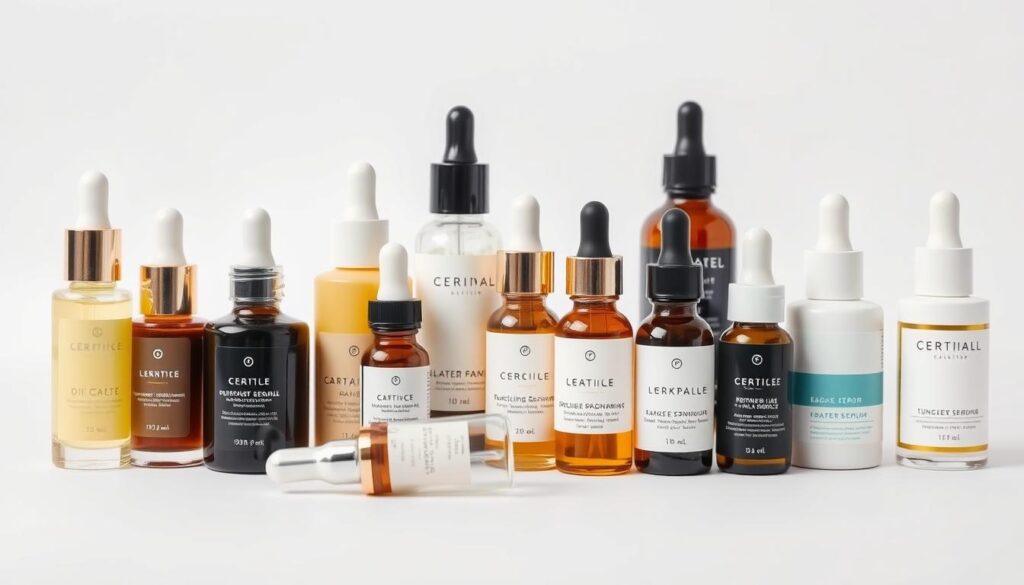 a meticulously detailed close-up shot of various types of facial serums arranged on a simple white background, capturing their unique textures, colors, and packaging designs with a minimalist, high-contrast aesthetic; the serums are displayed in a clean, organized manner, showcasing their specific functions and targeted skin care benefits; the lighting is soft and even, highlighting the natural reflective qualities of the products; the overall composition is balanced and visually appealing, creating a sense of sophistication and expertise los Mejores Tipos de Serum